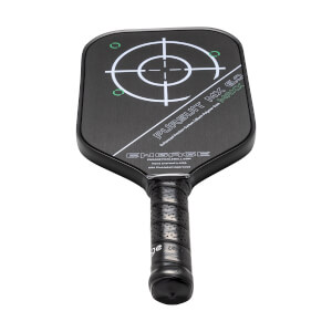 Top-down view of a black pickleball paddle with a target design, PURSUIT MX 6.0 text, and a perforated grip.