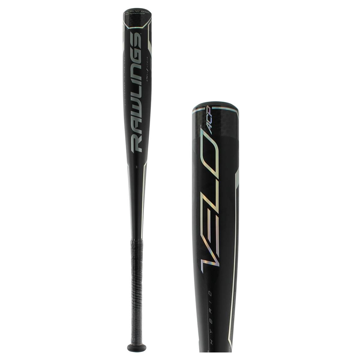 Side view of a black baseball bat with RAWLINGS and VELO ACP branding.