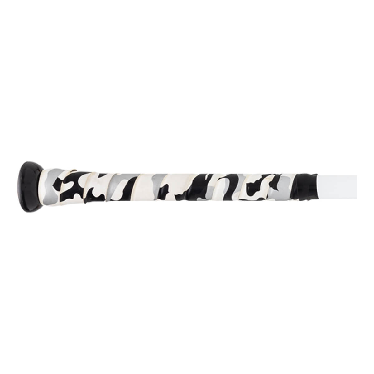 Side view of a baseball bat with a black end cap and a white, black, and gray camouflage grip.