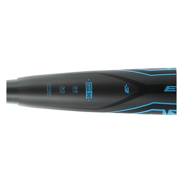 Side view of a black baseball bat with blue accents, BBCOR 50 and 33 INCHES text.