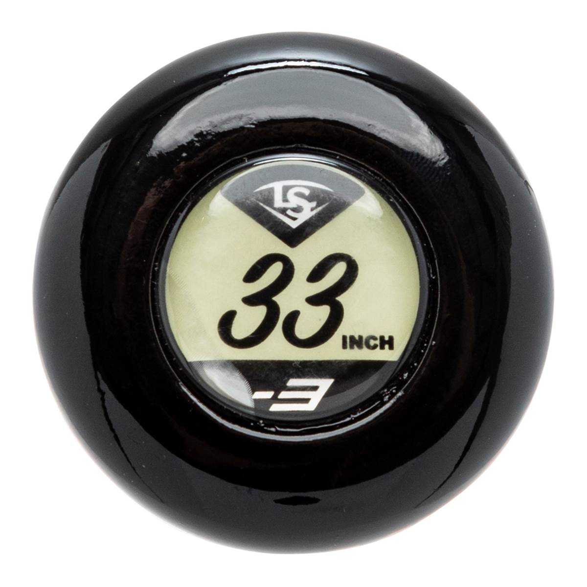 End view of a black baseball bat with a 33-inch label and LS logo.