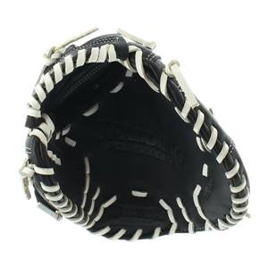 Top-down view of a black baseball glove with white lacing and SPALDING PRO SELECT text.