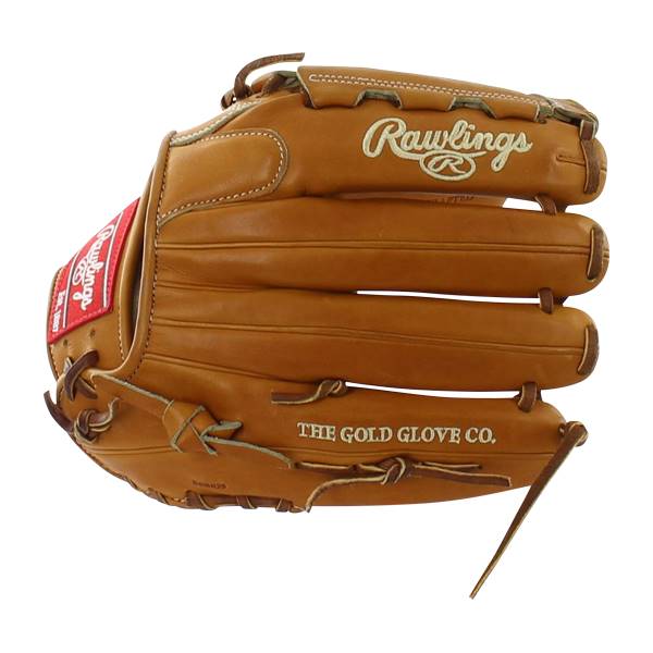 Front view of a tan baseball glove with Rawlings logo and THE GOLD GLOVE CO. text.