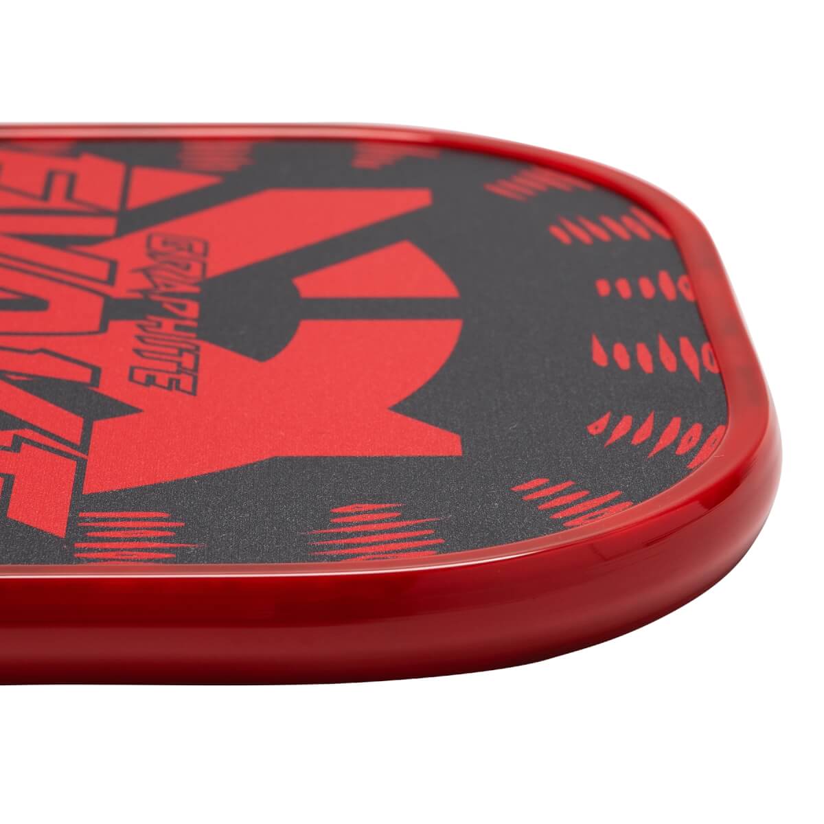 Corner view of a red pickleball paddle with black and red EVOKE and GRAPHITE graphics.