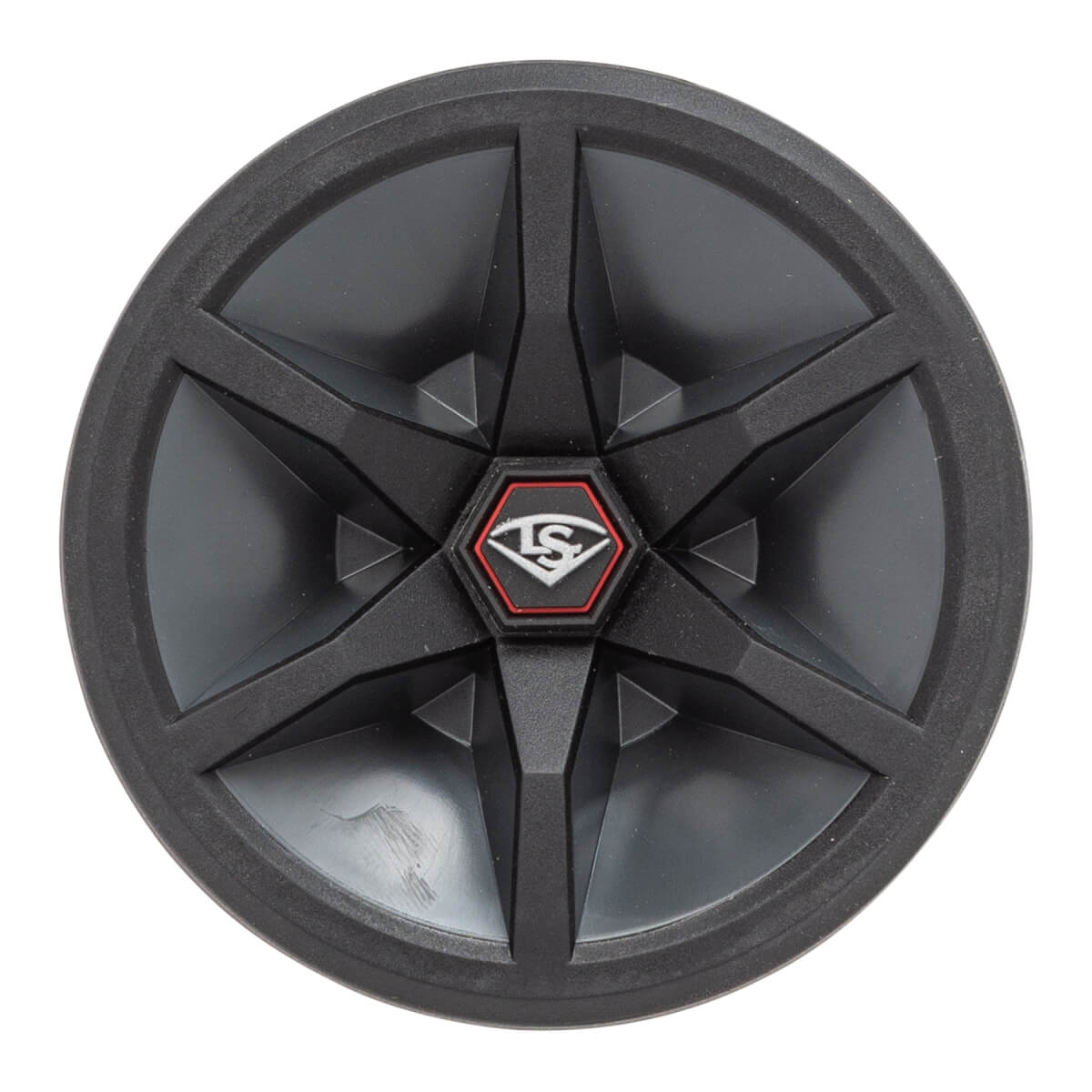 Top-down view of a black baseball bat end cap with a five-pointed star design and LS logo.