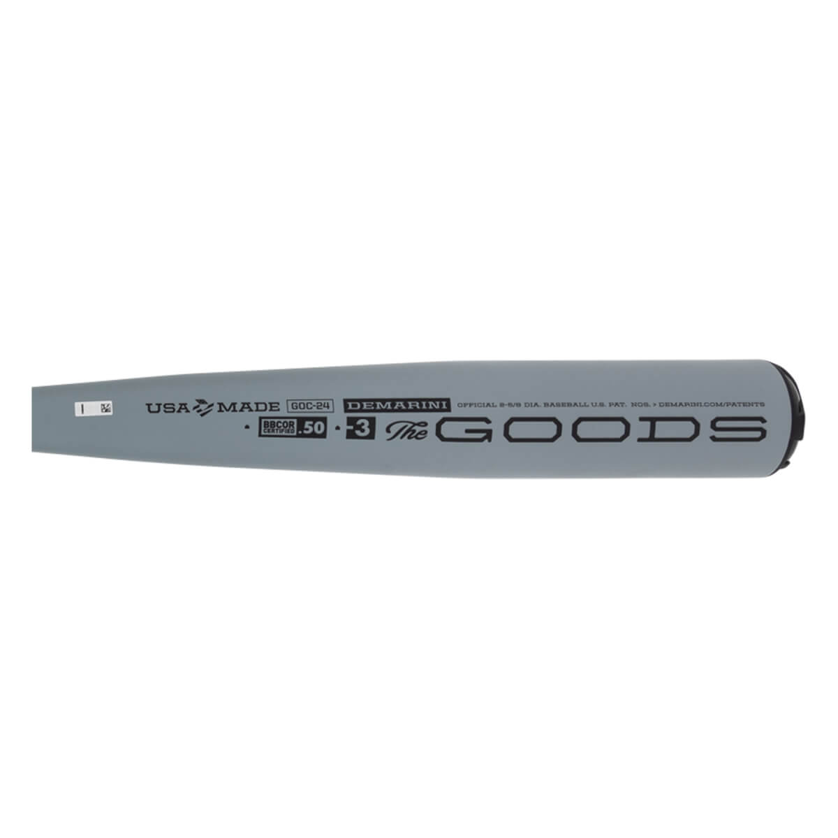 Side view of a gray baseball bat with DEMARINI The GOODS and BBCOR 50 branding.