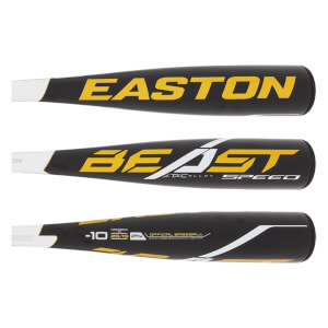 Side view of a black baseball bat with yellow Easton and Beast Speed branding, and -10 size designation.