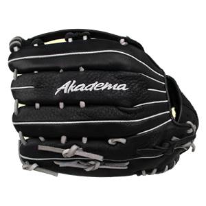 Front view of a black baseball glove with white stitching and Akadema embroidered in white.