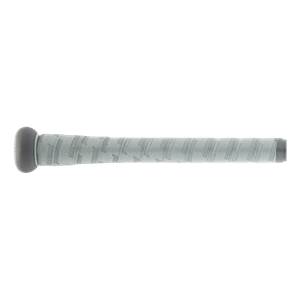 Side view of a grey baseball bat with a textured grip and repeating Marucci logo.