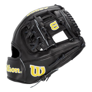 Back view of a black Wilson A2000 baseball glove with an H-web and yellow and white embroidered Wilson and W logos.