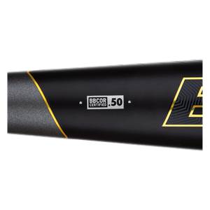 Side view of a black baseball bat with BBCOR CERTIFIED .50 marking and gold accents.