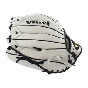 Side view of a white baseball glove with black lacing and Vinci branding.