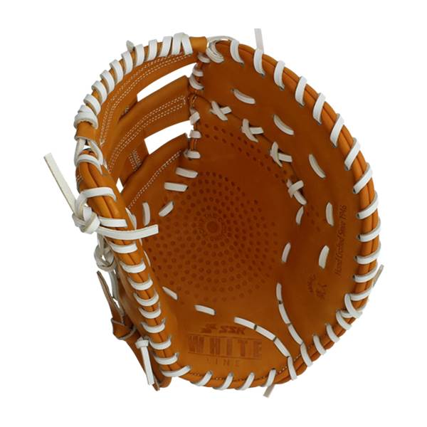 Top-down view of a tan first base mitt with white lacing and SSK WHITE LINE branding.