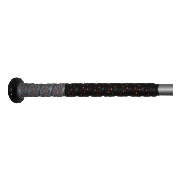 Side view of a black baseball bat with a gray diamond-patterned grip and orange dots.