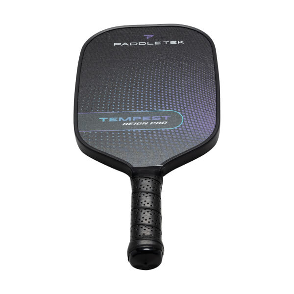 Front view of a black pickleball paddle with PADDLETEK and TEMPEST REIGN PRO text and a textured surface.