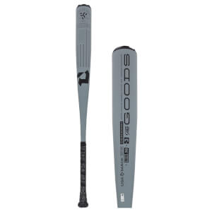 Side view of a gray baseball bat with The Goods and USA MADE text.