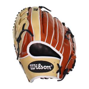 Front view of a tan and brown baseball glove with a black Wilson logo and white stitching.