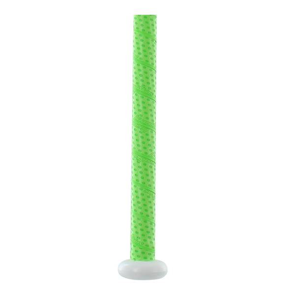 Close-up of a green baseball bat grip with a dotted pattern and white end cap.