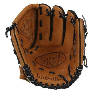Front view of a brown Louisville Slugger youth baseball glove with black lacing and embossed branding.