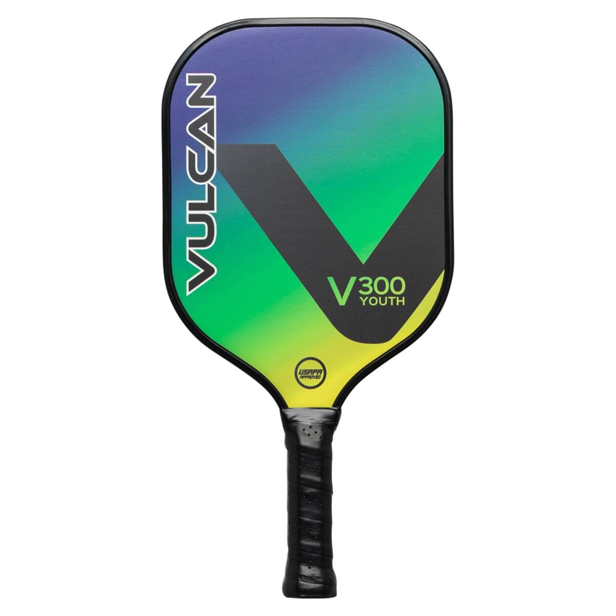 Front view of a colorful pickleball paddle with VULCAN branding and a V300 YOUTH logo.