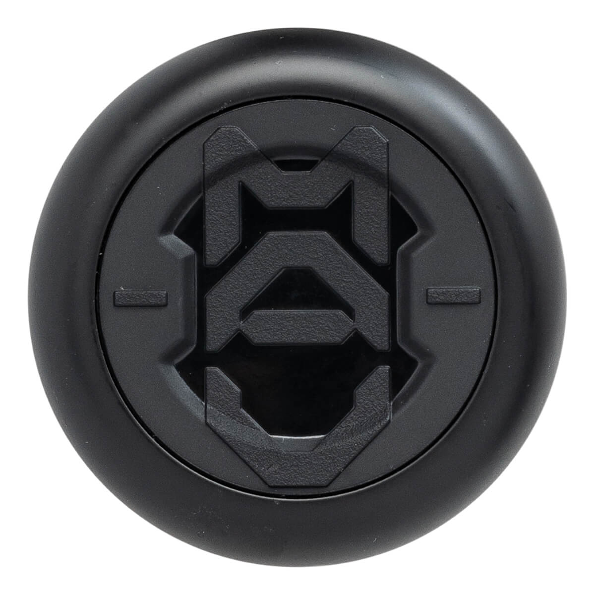 Top-down view of a black baseball bat end cap with a raised, textured MAV logo in the center.
