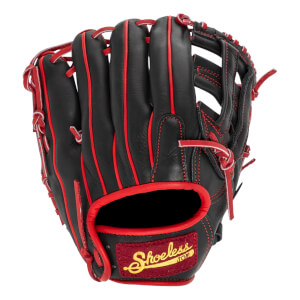 Front view of a black baseball glove with red lacing, red wrist trim, and a Shoeless Joe patch.