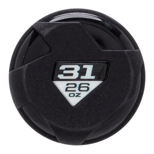 End view of a black baseball bat with 31 and 26 OZ markings.