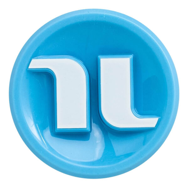 Close-up of a light blue bat end cap featuring a raised white TL logo.