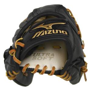 Front view of a black baseball glove with gold Mizuno logo and ULTRA SOFT text.