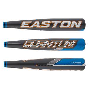 Top-down view of a gray baseball bat with blue and orange accents, showing EASTON and QUANTUM branding.