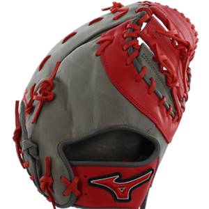 Side view of a smoke and red baseball glove with red lacing and a Mizuno logo.