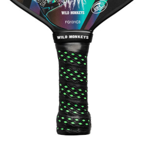 Bottom view of a black pickleball paddle with a green diamond grip and WILD MONKEYS text.
