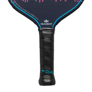 Top-down view of a navy pickleball paddle with a black grip, Diadem logo, and blue trim.