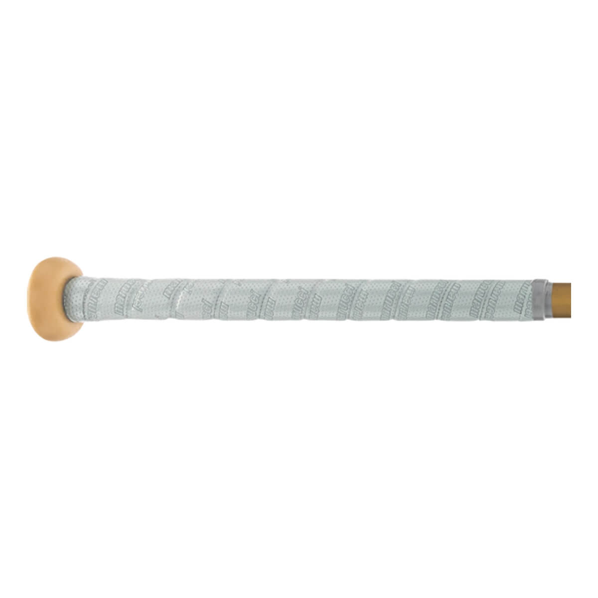 Side view of a tan and gray fastpitch softball bat with a textured grip.