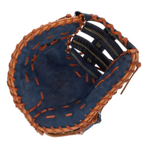 Top-down view of a blue baseball first base mitt with tan lacing and Rawlings branding.