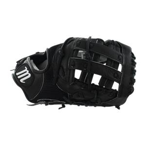 Side view of a black baseball glove with white m logo and mesh detailing.