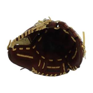 Top-down view of a brown fastpitch glove with tan lacing and visible Mizuno branding.