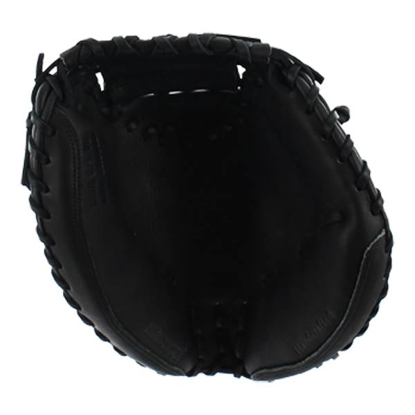 Top-down view of a black catchers mitt with a deep pocket and intricate lacing.