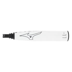 Side view of a white fastpitch softball bat with a black Mizuno logo, black grip, and -11 text.