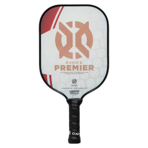 Front view of a white and red pickleball paddle with EVOKE PREMIER and ONIX branding.