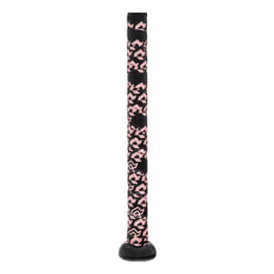 Side view of a black fastpitch softball bat handle with a pink geometric pattern grip and a black knob.