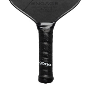 Top-down view of a black pickleball paddle with a textured surface and perforated grip.