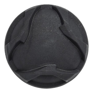 Top-down view of a black baseball bat end cap with a textured, three-pronged design.