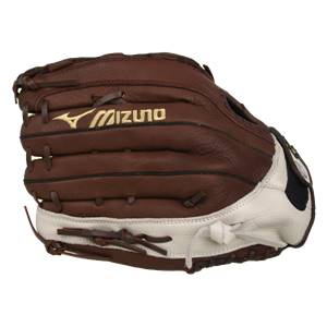Side view of a brown and white softball glove with gold Mizuno branding and leather lacing.