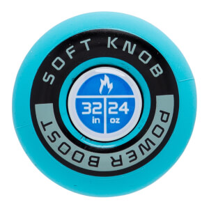 Top-down view of a blue baseball bat knob with SOFT KNOB POWER BOOST text and a 32 in/24 oz size indicator.