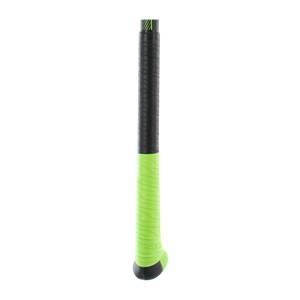 Close-up of a black and lime green baseball bat grip with textured pattern.