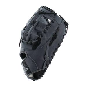 Side view of a gray baseball mitt with black lacing and visible adidas branding.