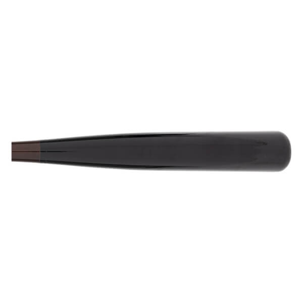 Side view of a black baseball bat with a tapered handle and rounded knob.