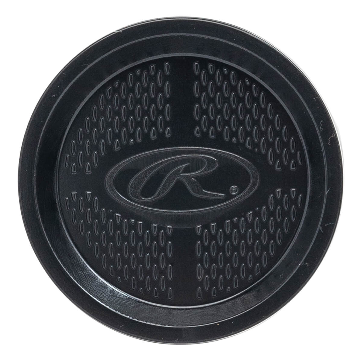 Top-down view of a black baseball bat end cap with a textured surface and Rawlings logo.