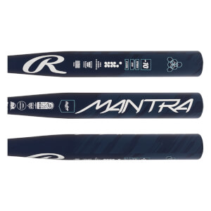 Detail view of a dark blue fastpitch softball bat with white Rawlings R logo, MANTRA text, and textured grip.